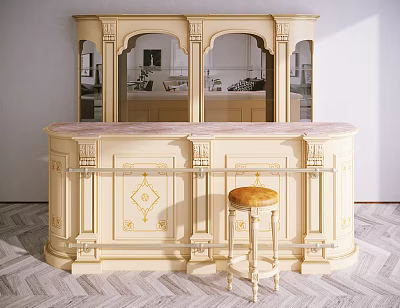 Elegant Beige Bar Counter With Curved Design Carved Detailing High Stool And Herringbone Floor 3d model