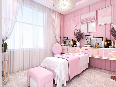 Elegant Pink Beauty Room Interior With Beauty Bed Dressing Table And Decorative Paintings 3d model