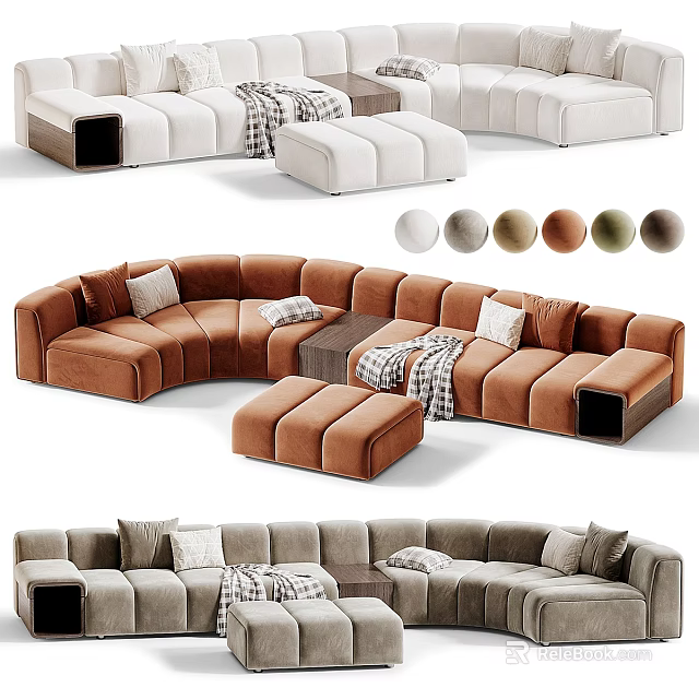 Modern Sectional Sofa with Plush Pillows Cozy Blanket and Ottoman in Multiple Colors 3d model 