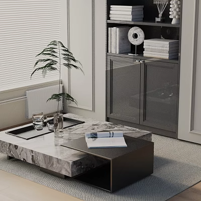 Modern Sofa Coffee Table Set With Marble Top Plant And Cabinet Books Blinds Vase Glassware 3d model