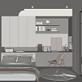 Modern Tatami Bedroom Interior With Built in Wardrobe Desk Chair And Curtains