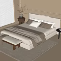 Minimalist Double Bed Setup with Decorative Headboard Wall Nightstand Vase and Cozy Footstool