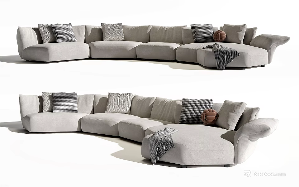 Comfortable Light Gray Sectional Sofa With Modern Design Decorative Pillows And Throw Blanket 3d model