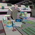 Cartoon Sci Fi Control Room Scene With Mechanical Device Pipes Control Panel And Blue Displays 3d model