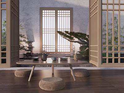 Traditional Tea Room Interior With Grille Windows Tea Set Woven Stools And Pine Tree 3d model