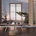 Traditional Tea Room Interior With Grille Windows Tea Set Woven Stools And Pine Tree