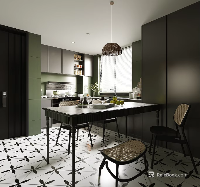 Modern Elegant Restaurant Interior With Open Kitchen Island Dining Table And Chairs 3d model