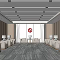 Spacious Modern Waiting Room With Comfortable Sofas Patterned Carpet And Wall Logo 3d model