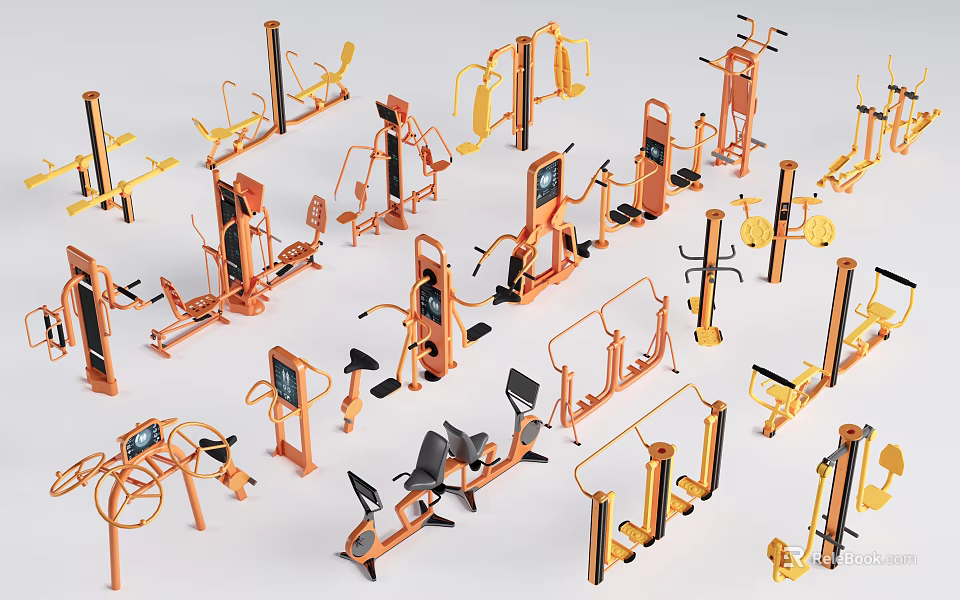 Various Types Of Fitness Equipment Including Training Machines And Workout Gear 3d model 