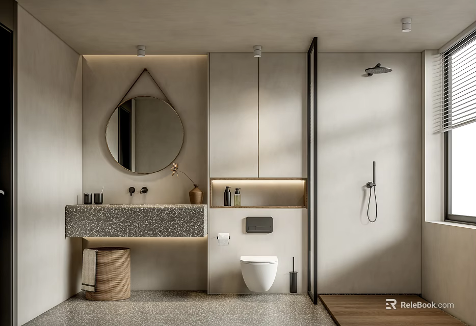 Modern Bathroom Interior Design With Round Mirror Stone Vanity Toilet And Shower Area 3d model 