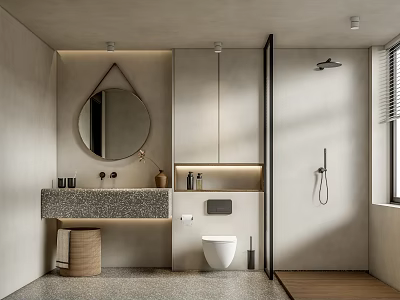 Modern Bathroom Interior Design With Round Mirror Stone Vanity Toilet And Shower Area 3d model