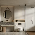 Modern Bathroom Interior Design With Round Mirror Stone Vanity Toilet And Shower Area