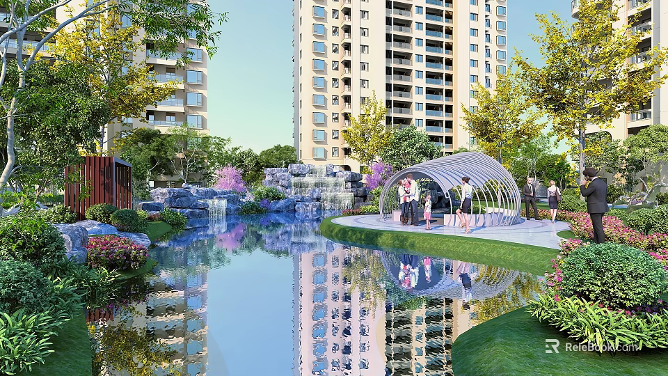 Tranquil Residential Landscape With High Rise Buildings Reflective Pond Green Trees And Pavilion Area 3d model 