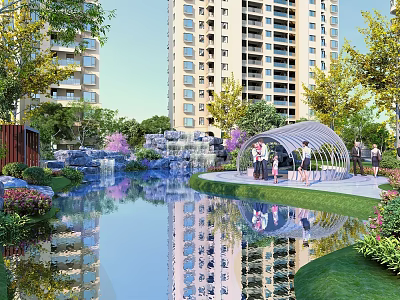 Tranquil Residential Landscape With High Rise Buildings Reflective Pond Green Trees And Pavilion Area 3d model