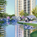 Tranquil Residential Landscape With High Rise Buildings Reflective Pond Green Trees And Pavilion Area