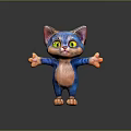 Cute Cartoon Kitten with Blue and Orange Fur Big Green Eyes Arms Outstretched Standing