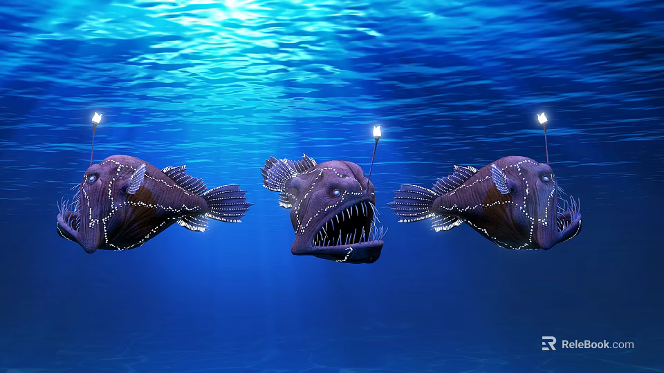 Three Anglerfish In Blue Underwater Environment With Glowing Lures And Sharp Teeth 3d model 