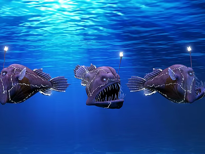 Three Anglerfish In Blue Underwater Environment With Glowing Lures And Sharp Teeth 3d model