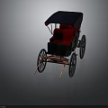 Vintage Horse Carriage With Dark Blue Canopy Red Seats Black Body And Large Wheels