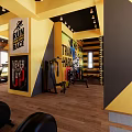 Spacious Modern Gym Interior With Treadmills Yellow Black Walls And Posters