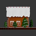 Festive Gingerbread House With Snowy Roof Red Door Snowflake Windows And Christmas Trees