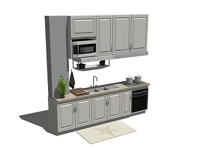Modern Kitchen Interior With Gray Upper Lower Cabinets Microwave Sink Stove And Rug 3d model