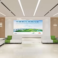 Modern Bright Service Hall Interior With Large Screen White Green Sofas And Indoor Plants