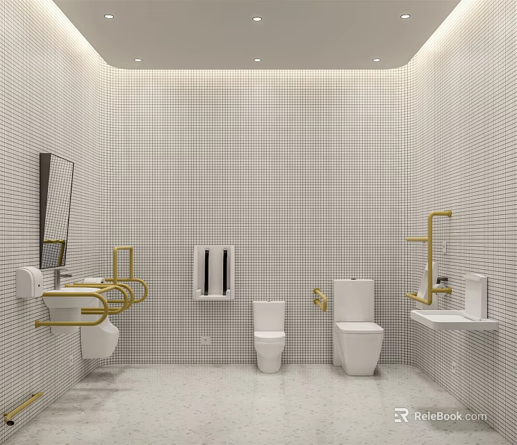 Elegant Modern Public Restroom With White Tiled Walls Golden Handrails Washbasins Toilets And Mirrors 3d model 