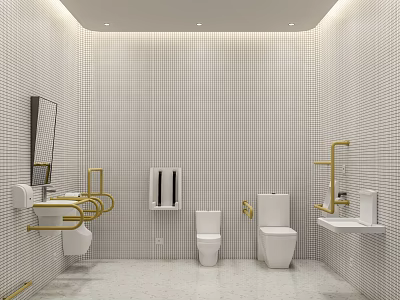 Elegant Modern Public Restroom With White Tiled Walls Golden Handrails Washbasins Toilets And Mirrors 3d model