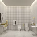 Elegant Modern Public Restroom With White Tiled Walls Golden Handrails Washbasins Toilets And Mirrors