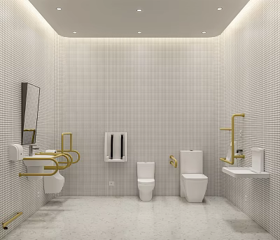 Elegant Modern Public Restroom With White Tiled Walls Golden Handrails Washbasins Toilets And Mirrors 3d model