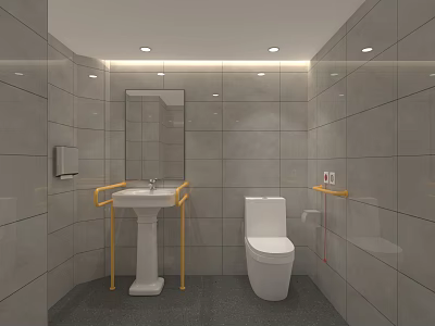 Public Toilet Interior With Gray Tiled Walls White Sink Toilet And Gold Handrails 3d model