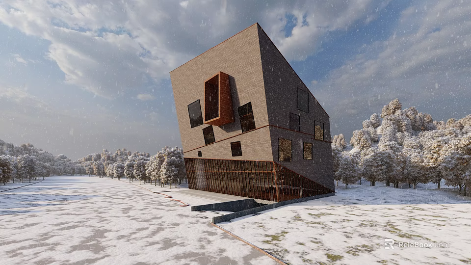 Visitor Center Tilted Modern Building With Snow Covered Trees And Cloudy Sky 3d model 