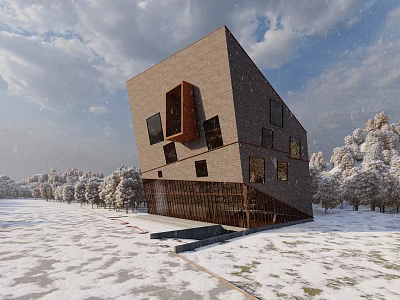 Visitor Center Tilted Modern Building With Snow Covered Trees And Cloudy Sky 3d model