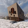 Visitor Center Tilted Modern Building With Snow Covered Trees And Cloudy Sky
