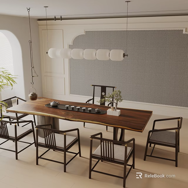 Elegant Wooden Dining Table Set With Chairs Tea Set Potted Plant And Pendant Lights 3d model 
