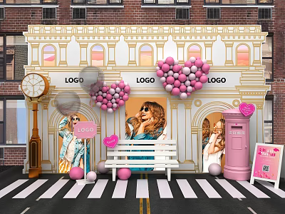 Stylish Check-in Photo Spot At Storefront With Pink Balloons White Bench And LOGO Signs 3d model