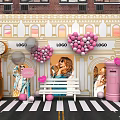 Stylish Check-in Photo Spot At Storefront With Pink Balloons White Bench And LOGO Signs