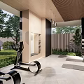 Indoor Home Gym With Elliptical Exercise Bike Yoga Mat Fitness Balls Green Plants Natural Light
