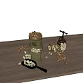 Assorted Nuts in Burlap Sacks Scattered on Wooden Table With Manual Grinder and Metal Scoop