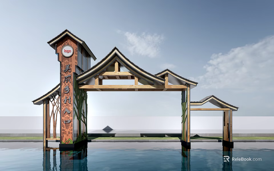 Traditional Chinese Architectural Gateway with Wooden Pitched Roof and Water Reflection 3d model 