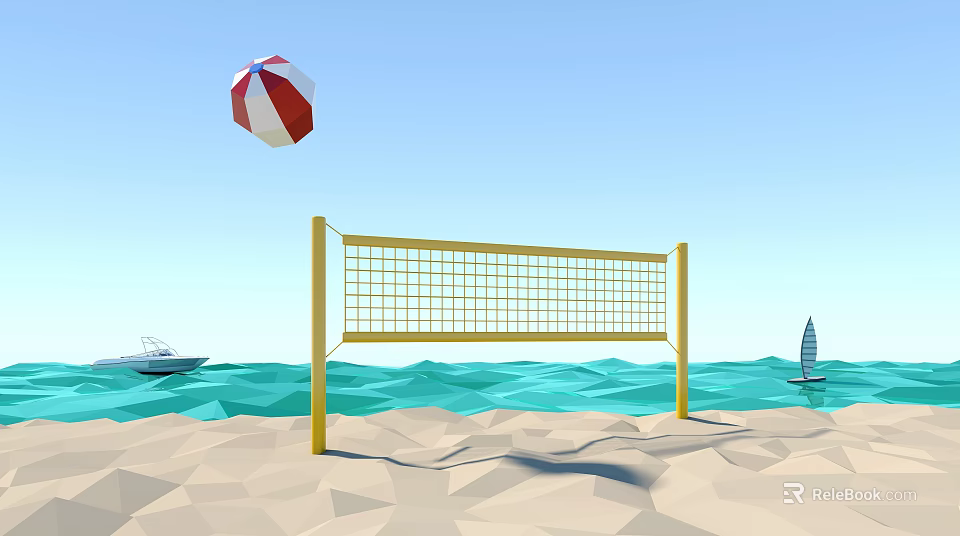 Yellow Volleyball Net on Sandy Beach with Ocean Waves and Floating Boats 3d model 