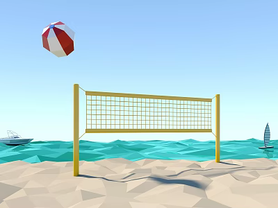 Yellow Volleyball Net on Sandy Beach with Ocean Waves and Floating Boats 3d model