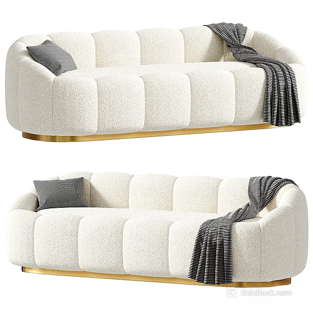 Luxurious White Two Seater Sofa with Bouclé Gold Base Grey Pillow and Striped Throw Blanket 3d model 