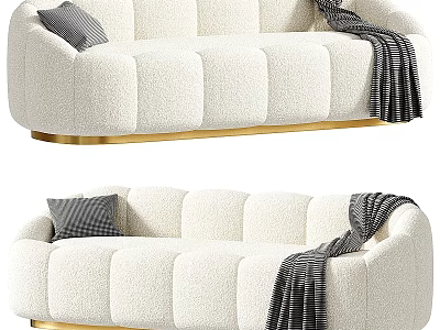 Luxurious White Two Seater Sofa with Bouclé Gold Base Grey Pillow and Striped Throw Blanket 3d model