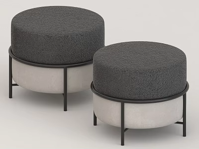 Two Round Gray Upholstered Stools with Black Metal Frames and Light Beige Bases 3d model