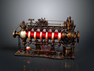 Vintage Mechanical Apparatus With Red Coils Metal Structure And Brass Components 3d model