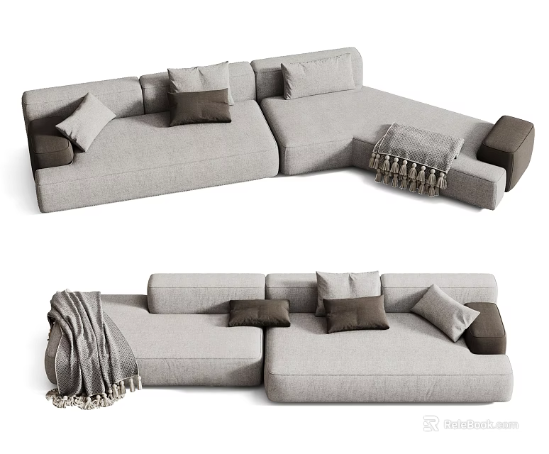 Modern Gray Sectional Sofa Set With Multiple Cushions And Fringed Blanket 3d model