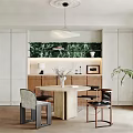 Modern Restaurant Interior With Round Dining Table Pendant Light And Marble Shelf 3d model