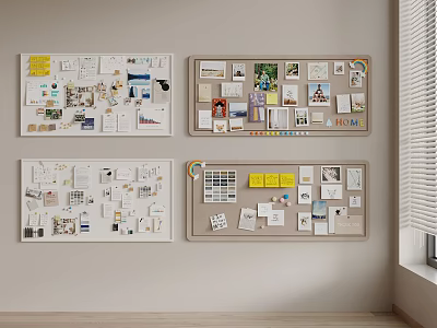 Organized Corkboard Wall Display With Photos Notes And Charts In Home Office 3d model